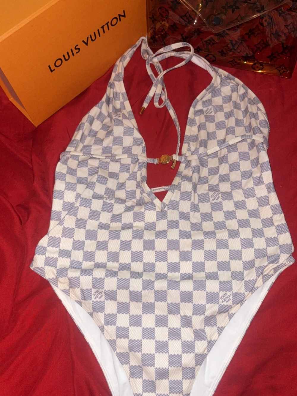 Louis Vuitton White and Light Blue Damier Halter One-Piece Swimsuit